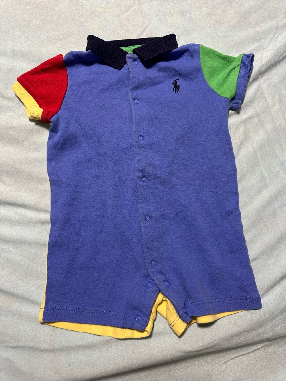 Ralph Lauren Colorblock Polo One-Piece Romper - Blue with Red, Green & Yellow